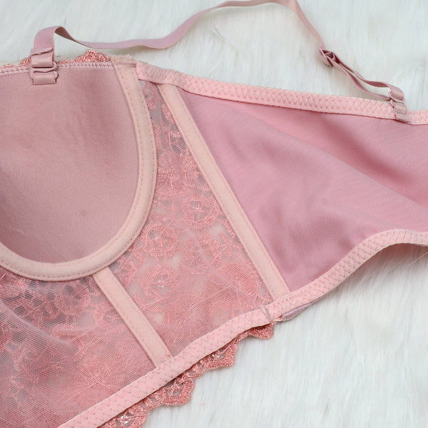Women's Natural Reigning Lace Rhinestone Bustier Crop Top Sexy Mesh Corset Top Bra Pink - FANCYMAKE