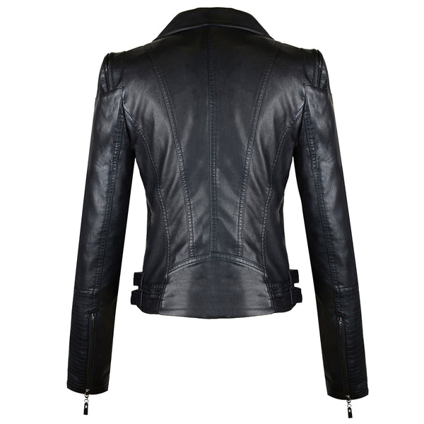 Women's Faux Leather Stylish Moto Biker Jacket - FANCYMAKE