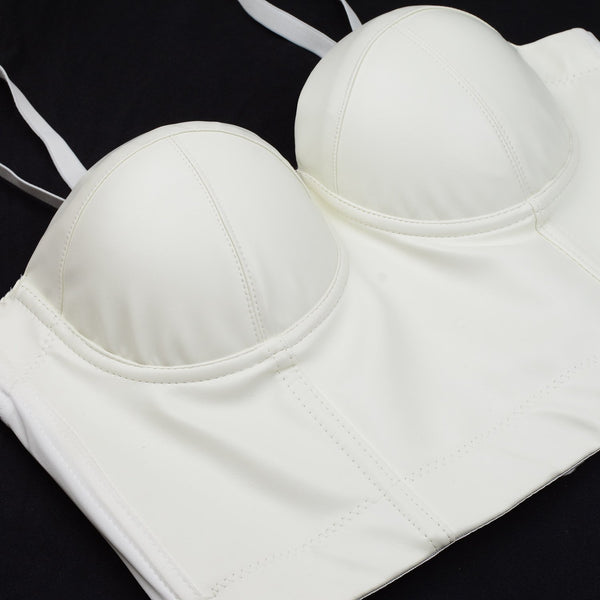 PU Leather Bustier Crop Top Push Up Club Party Women's Corset Top Bra White - FANCYMAKE