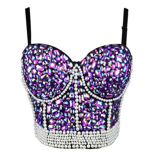 Women's Sexy Rhinestone Bead Bustier Crop Top Club Party Glitter Corset Top Bra Purple - FANCYMAKE