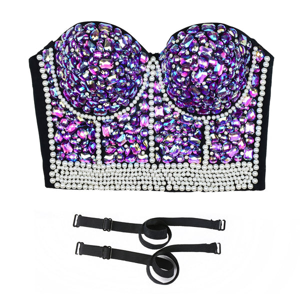 Women's Sexy Rhinestone Bead Bustier Crop Top Club Party Glitter Corset Top Bra Purple - FANCYMAKE