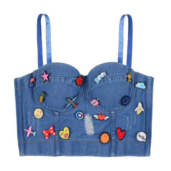 Deium Hole Cute Women's Bustier Crop Top Jean Corset Top Bra
 - FANCYMAKE