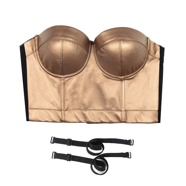 PU Leather Bustier Crop Top Gothic Punk Push Up Women's Corset Top Bra Gold - FANCYMAKE