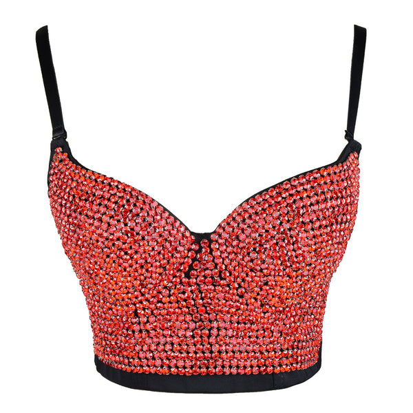 Women's Rhinestone Diamond Push up Bustier Crop Top Sexy Punk Corset Bra Red - FANCYMAKE