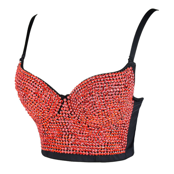 Women's Rhinestone Diamond Push up Bustier Crop Top Sexy Punk Corset Bra Red - FANCYMAKE