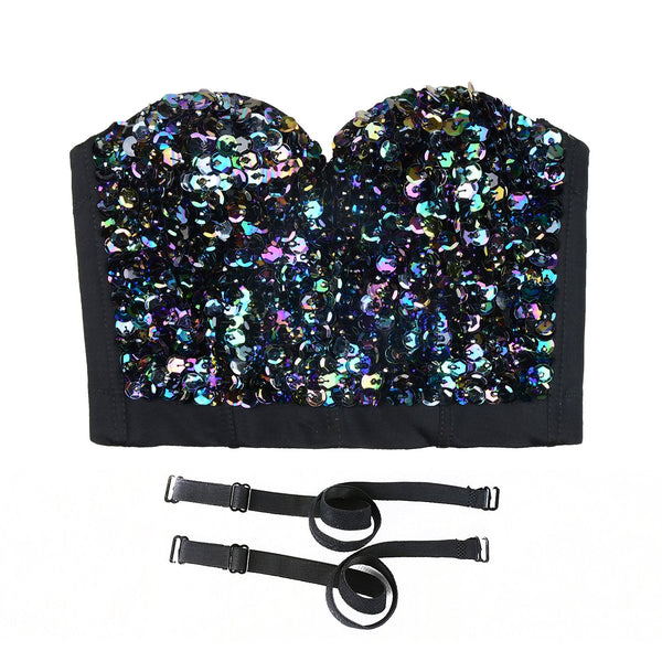 Sexy Sequin Bustier Crop Top Push up Club Party Corset Top Black
 - FANCYMAKE
