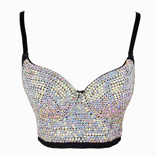 Women's Rhinestone Colored Diamond Luxury Bustier Crop Top Sexy Punk Corset Bra Black - FANCYMAKE