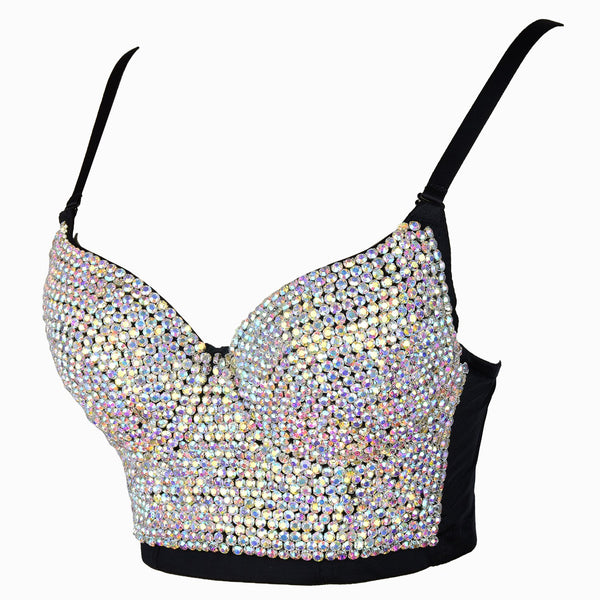 Women's Rhinestone Colored Diamond Luxury Bustier Crop Top Sexy Punk Corset Bra Black - FANCYMAKE