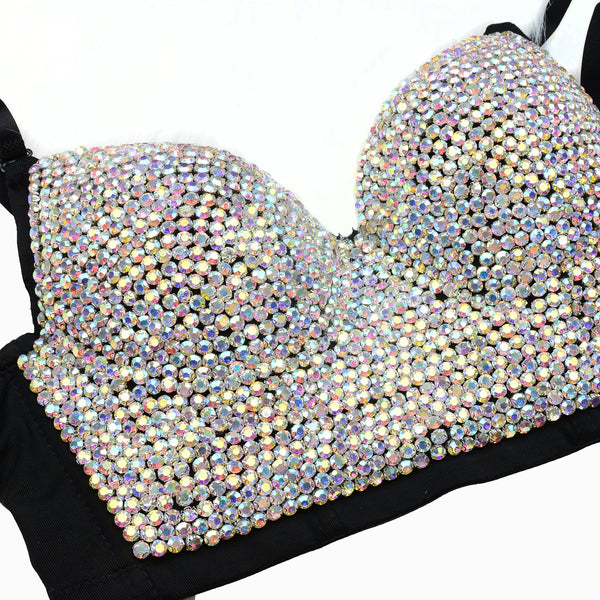 Women's Rhinestone Colored Diamond Luxury Bustier Crop Top Sexy Punk Corset Bra Black - FANCYMAKE
