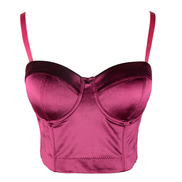 Velvet Soft Bustier Crop Top Push Up Women's Corset Top Bra Red - FANCYMAKE