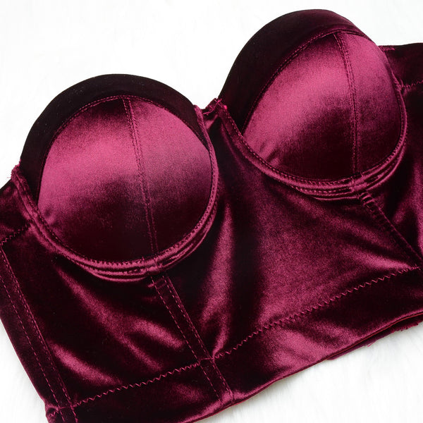 Velvet Soft Bustier Crop Top Push Up Women's Corset Top Bra Red - FANCYMAKE