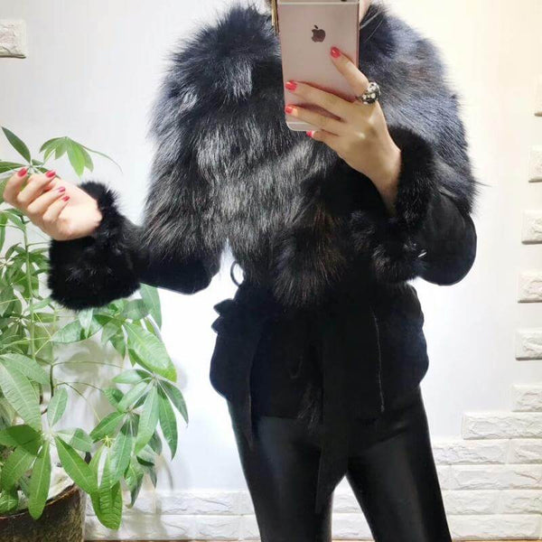 Luxury Suede Real Fox Fur Collar Coat - FANCYMAKE