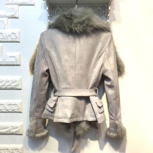 Luxury Suede Real Fox Fur Collar Coat - FANCYMAKE