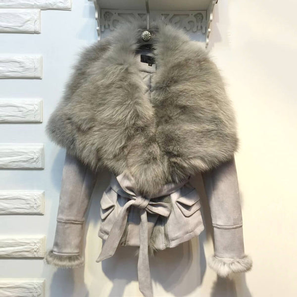 Luxury Suede Real Fox Fur Collar Coat - FANCYMAKE