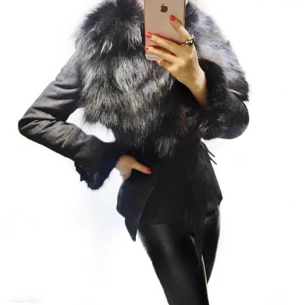 Luxury Suede Real Fox Fur Collar Coat - FANCYMAKE