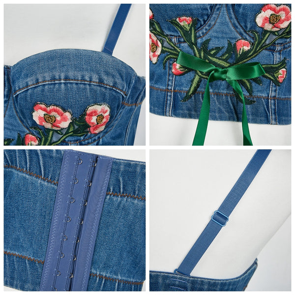 Denim Bow Floral Sleeveless Elegant Ladies Crop Tops - FANCYMAKE