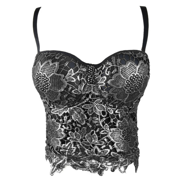Women's Floral Lace Bustier Crop Top Gothic Corset Bra Tops Gold and Black - FANCYMAKE