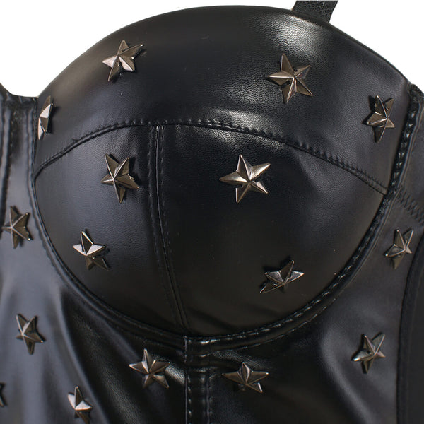 Black PU leather Rivet Women's Bustier Caged Top - FANCYMAKE