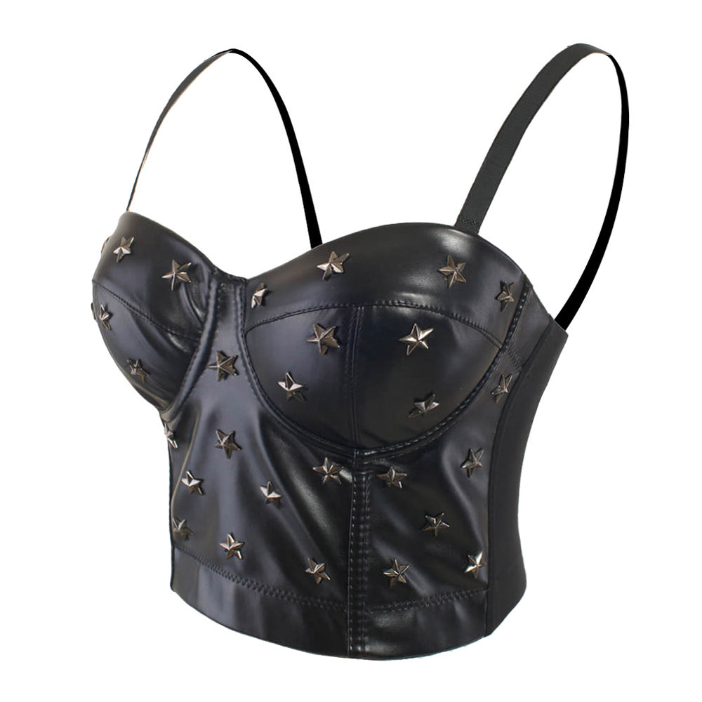 Black PU leather Rivet Women's Bustier Caged Top