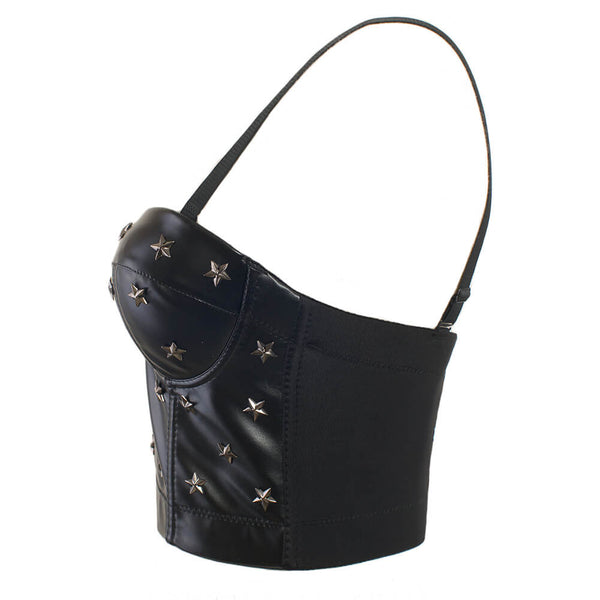 Black PU leather Rivet Women's Bustier Caged Top - FANCYMAKE