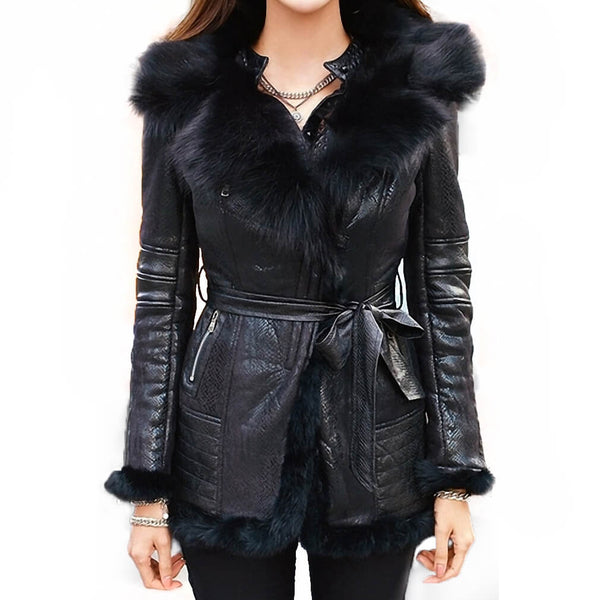 Natural Fox Fur Fleece Slim Fit Long Coat - FANCYMAKE