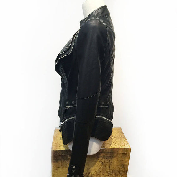 PU Leather Rivets Women's Studded Tuxedo Moto Jacket - FANCYMAKE