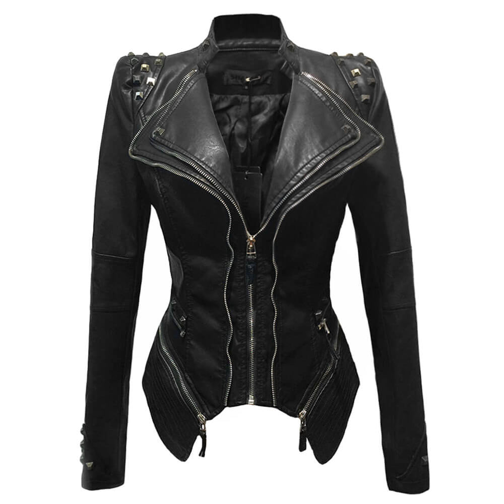 PU Leather Rivets Women's Studded Tuxedo Moto Jacket