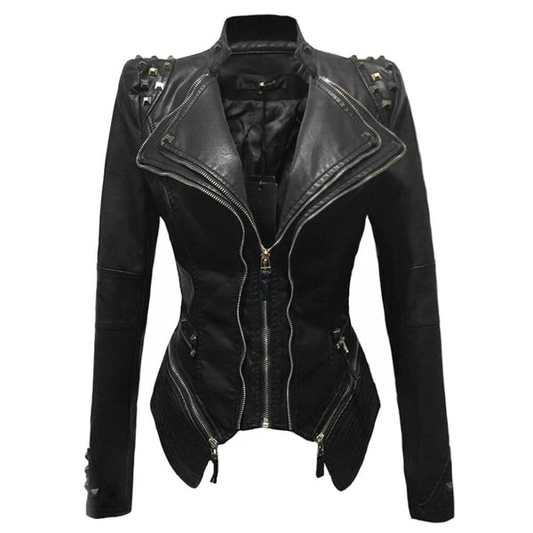 PU Leather Rivets Women's Studded Tuxedo Moto Jacket - FANCYMAKE
