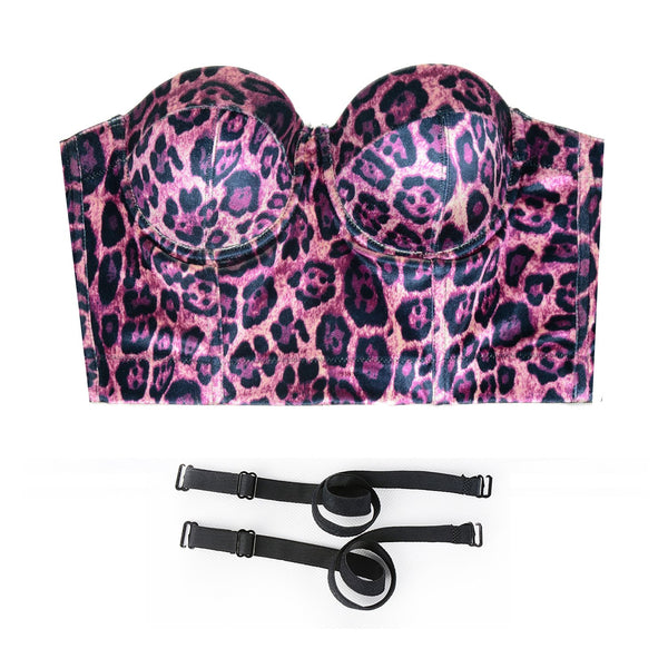 Leopard Pattern Bustier Crop Top Push Up Women's Corset Top Bra Pink - FANCYMAKE