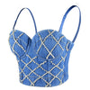 Women Criss Cross Rhinestone Denim Bustier Crop Top Corset Bra Blue