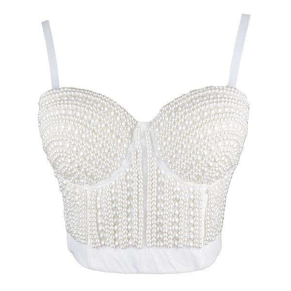 Woment's Pearls Beaded Bustier Crop Top Club Party Sexy Corset Top Bra White - FANCYMAKE