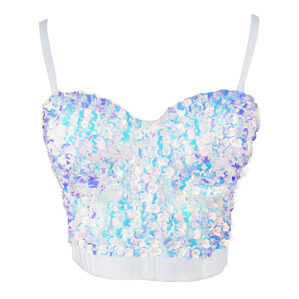 Sexy Sequin Bustier Crop Top Push up Club Party Corset Top White
 - FANCYMAKE