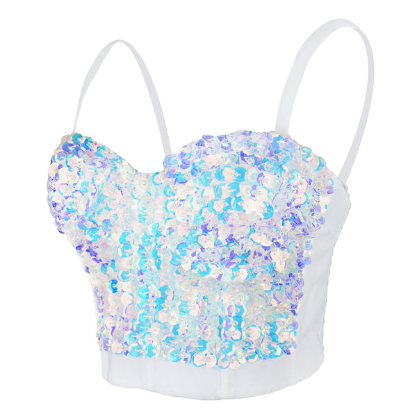 Sexy Sequin Bustier Crop Top Push up Club Party Corset Top White
 - FANCYMAKE
