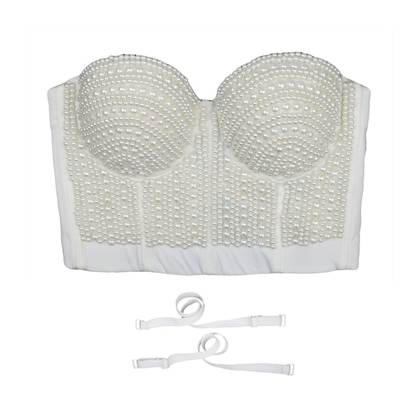 Woment's Pearls Beaded Bustier Crop Top Club Party Sexy Corset Top Bra White - FANCYMAKE