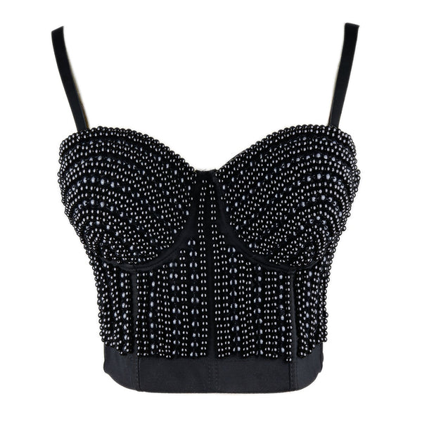 Woment's Pearls Beaded Bustier Crop Top Club Party Sexy Corset Top Bra Black - FANCYMAKE
