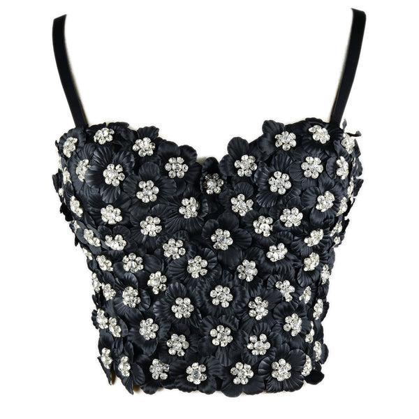 Women's 3D Floral Rhinestone Diamond Bustier Crop Top Party Club Bra Tops Black - FANCYMAKE