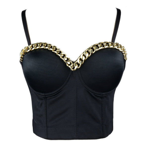 Women Gold Chain Smooth Push up Bustier Crop Top Corset Bra with Detachable Straps Black - FANCYMAKE