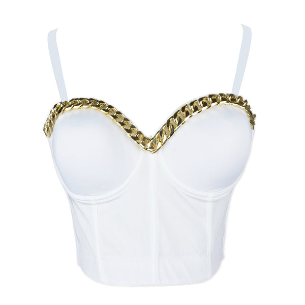 Women Gold Chain Smooth Push up Bustier Crop Top Corset Bra with Detachable Straps White - FANCYMAKE