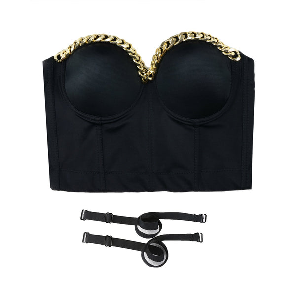 Women Gold Chain Smooth Push up Bustier Crop Top Corset Bra with Detachable Straps Black - FANCYMAKE