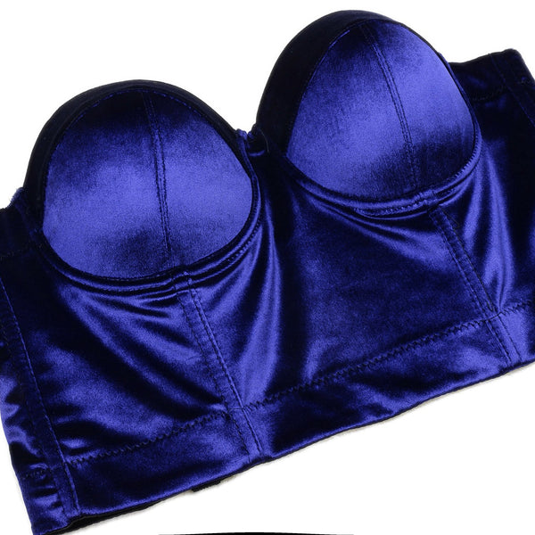 Velvet Soft Bustier Crop Top Push Up Women's Corset Top Bra Blue - FANCYMAKE