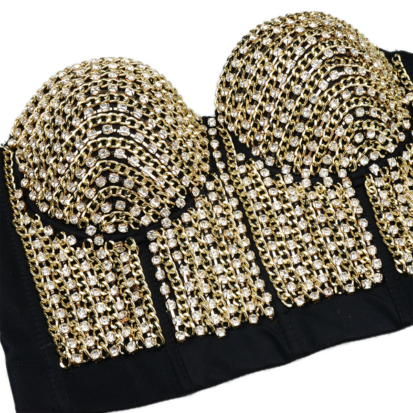 Women's Rhinestone Diamond Chain Bustier Crop Top Corset Top Bralet Gold - FANCYMAKE