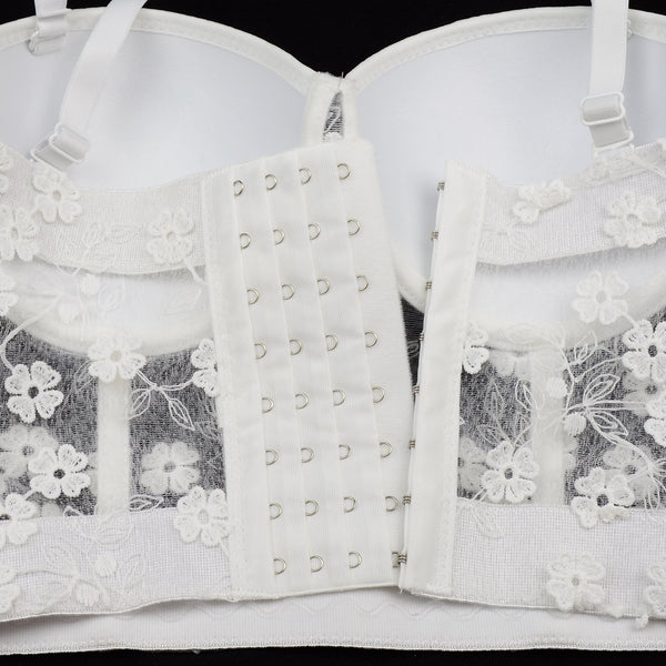 Women's Mesh Lace Flower Bustier Crop Top Sexy Corset Top Bra White - FANCYMAKE