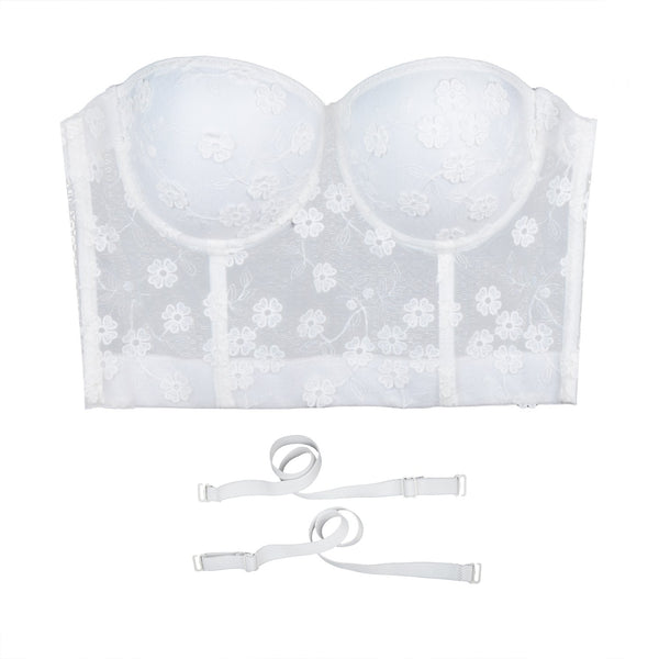 Women's Mesh Lace Flower Bustier Crop Top Sexy Corset Top Bra White - FANCYMAKE