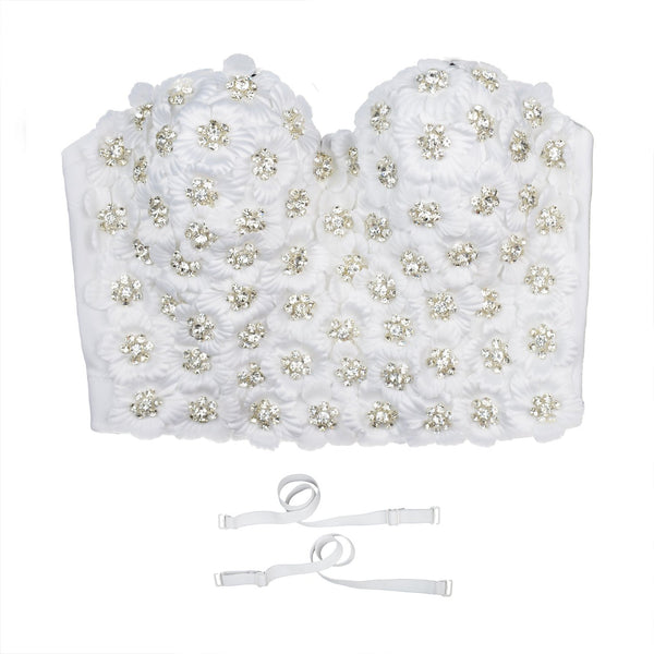 Women's 3D Floral Rhinestone Diamond Bustier Crop Top Party Club Bra Tops White - FANCYMAKE