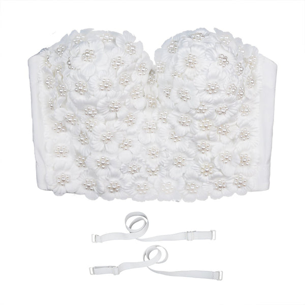 Women's 3D Floral Pearl Bustier Crop Top Party Club Bra Tops White - FANCYMAKE