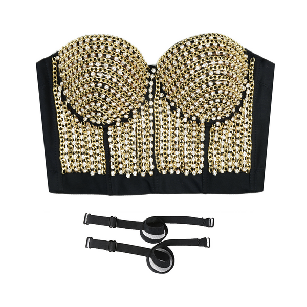 Women's Rhinestone Diamond Chain Bustier Crop Top Corset Top Bralet Gold - FANCYMAKE