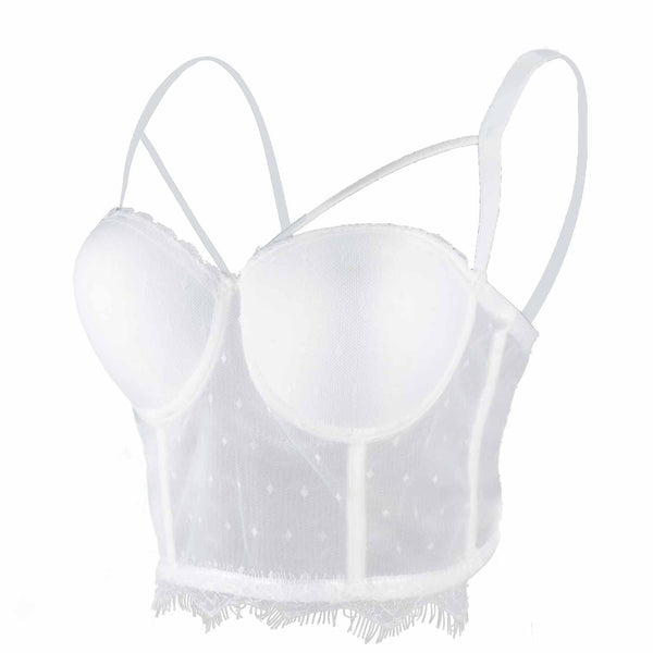 Women's Sexy Cut Cross Strappy Lace Mesh Bustier Tops Caged Cropped Top White - FANCYMAKE