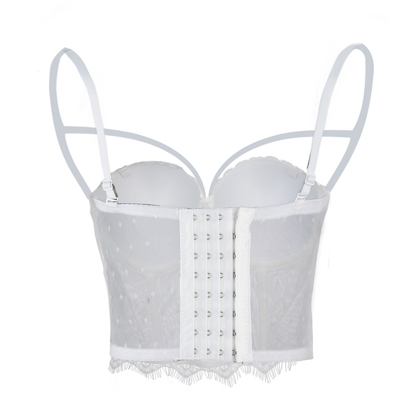 Women's Sexy Cut Cross Strappy Lace Mesh Bustier Tops Caged Cropped Top White - FANCYMAKE