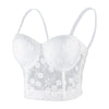 Women's Mesh Lace Flower Bustier Crop Top Sexy Corset Top Bra White