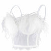 Women's Feather Tassel Cut Cross Strappy Lace Bustier Tops Sexy Club Party Crop Top White